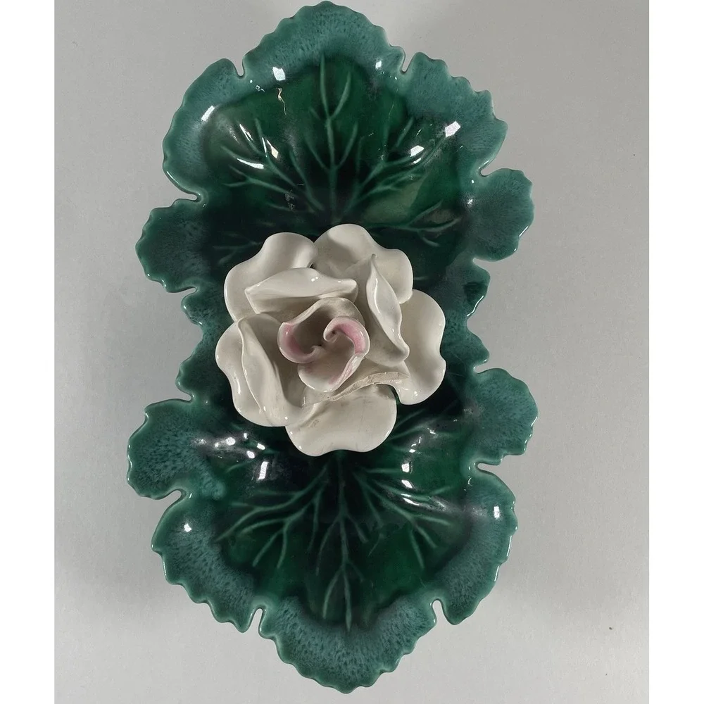 Vintage USA Pottery Leaf and Rose Divided Dish Mid Century‎ Trinket Bowl